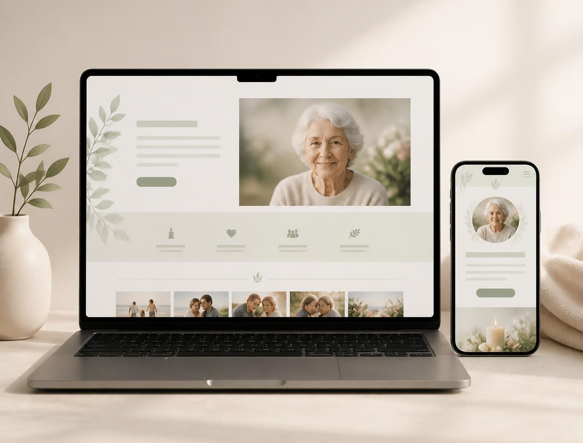 A family memorial web page shown on a laptop and phone